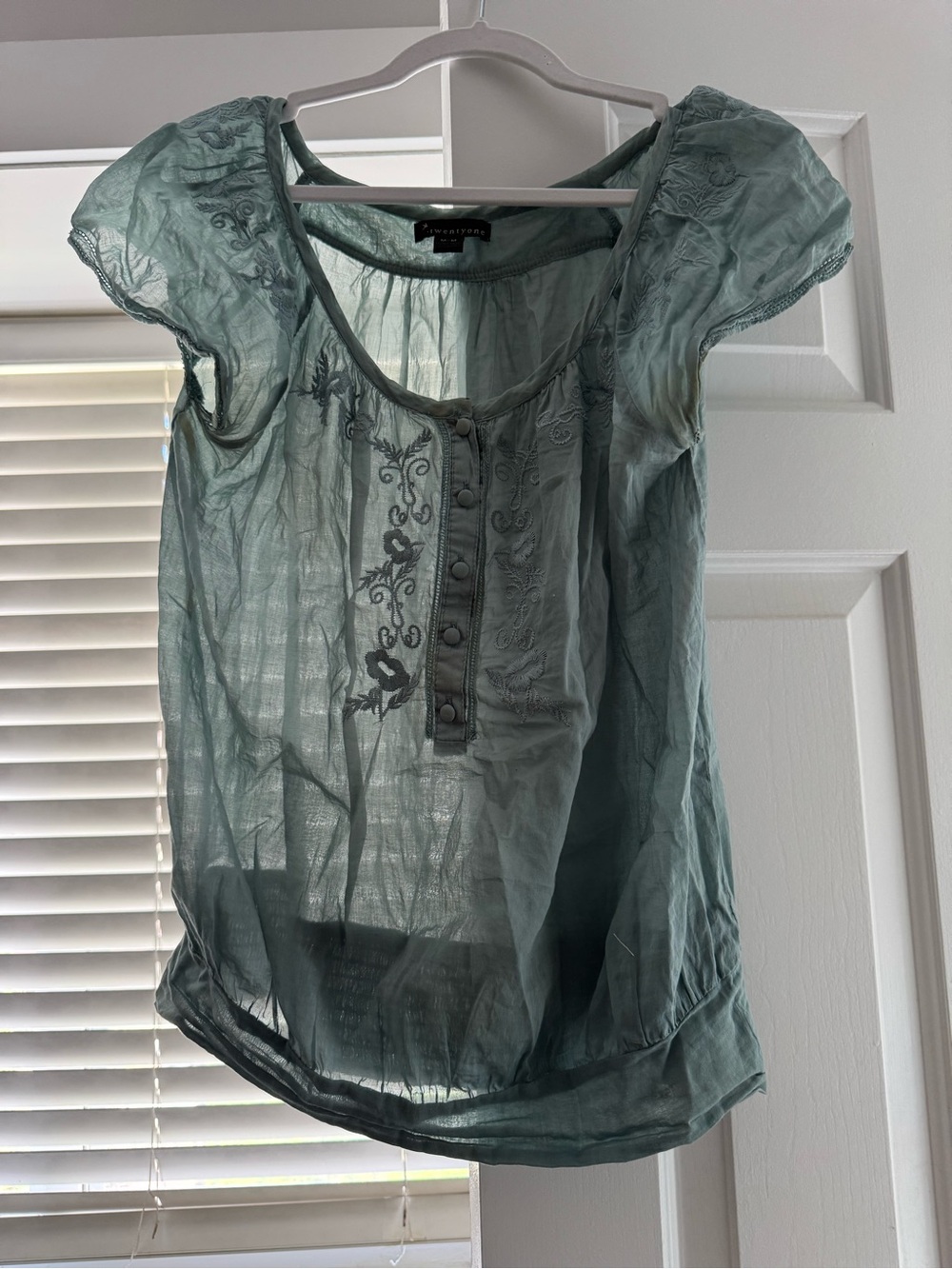 Forever 21 Semi-Sheer Embroidered Cap Sleeve Top in Sage Green